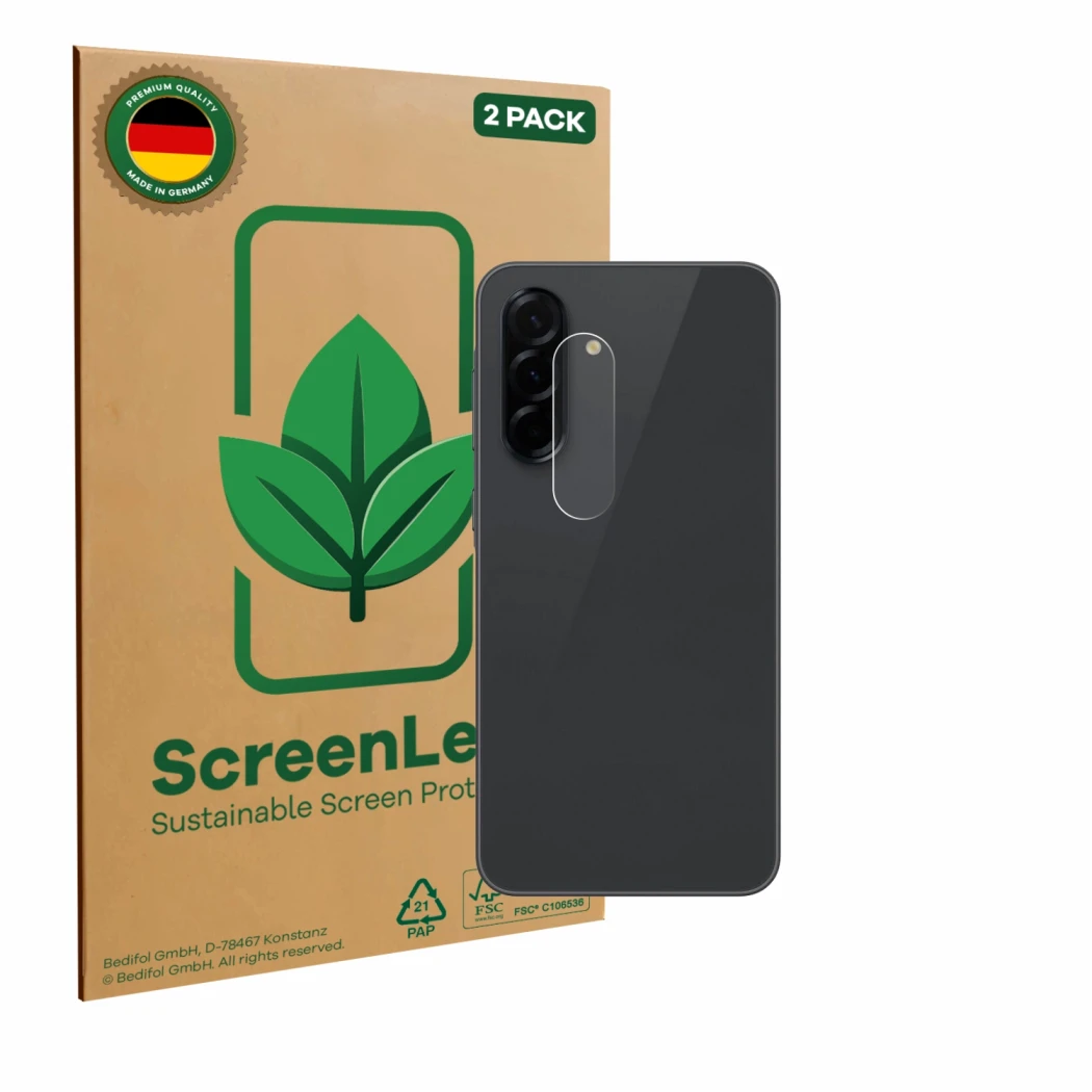 Vorderseite einer Produktverpackung mit dem Markenlogo ScreenLeaf. Daneben ist das Gerät Samsung Galaxy A36 5G (NUR Kameraschu