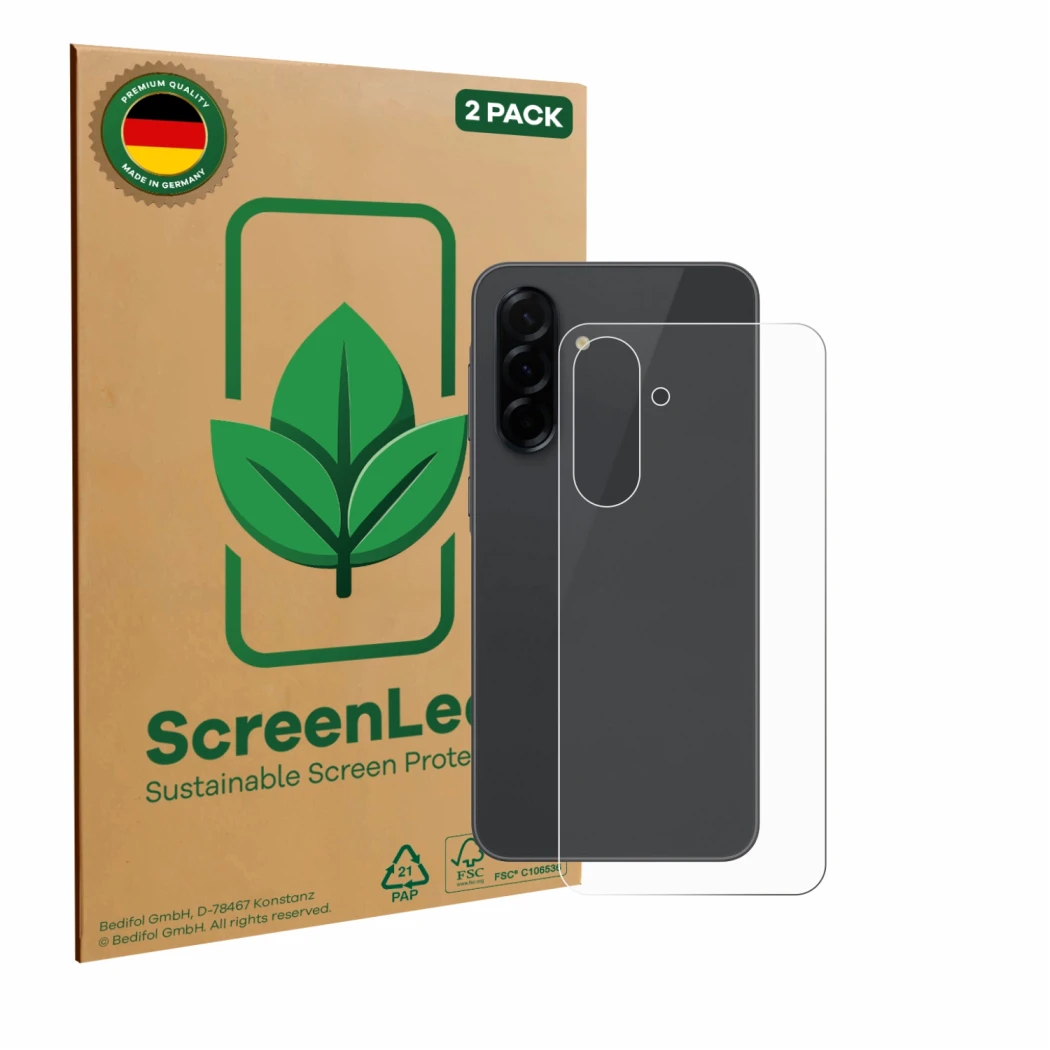 Vorderseite einer Produktverpackung mit dem Markenlogo ScreenLeaf. Daneben ist das Gerät Samsung Galaxy A36 5G (Rückseite) mit