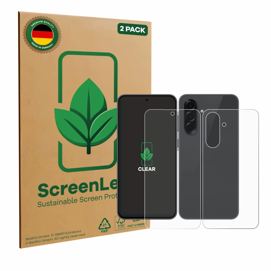 Vorderseite einer Produktverpackung mit dem Markenlogo ScreenLeaf. Daneben ist das Gerät Samsung Galaxy A36 5G (Display+Rückse