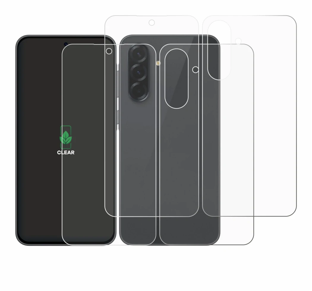 Abbildung des Geräts Samsung Galaxy A36 5G (Display+Rückseite) mit einer Vielzahl des Displayschutzes.