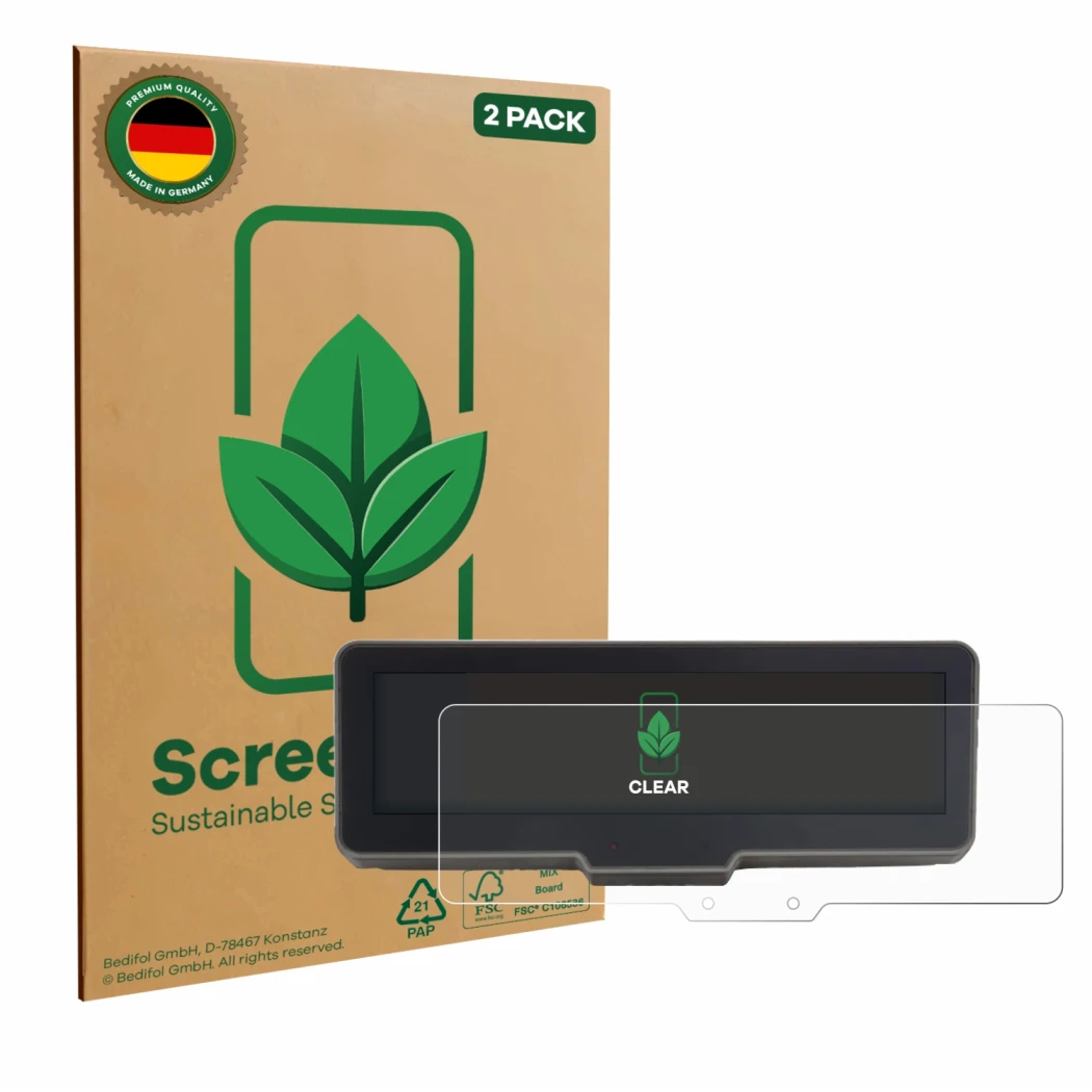 Vorderseite einer Produktverpackung mit dem Markenlogo ScreenLeaf. Daneben ist das Gerät KTM 990 Duke R 2025 mit dem zugehörig