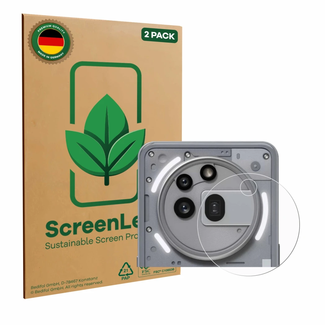 Vorderseite einer Produktverpackung mit dem Markenlogo ScreenLeaf. Daneben ist das Gerät Nothing Phone (3a) Pro (NUR Kamerasch