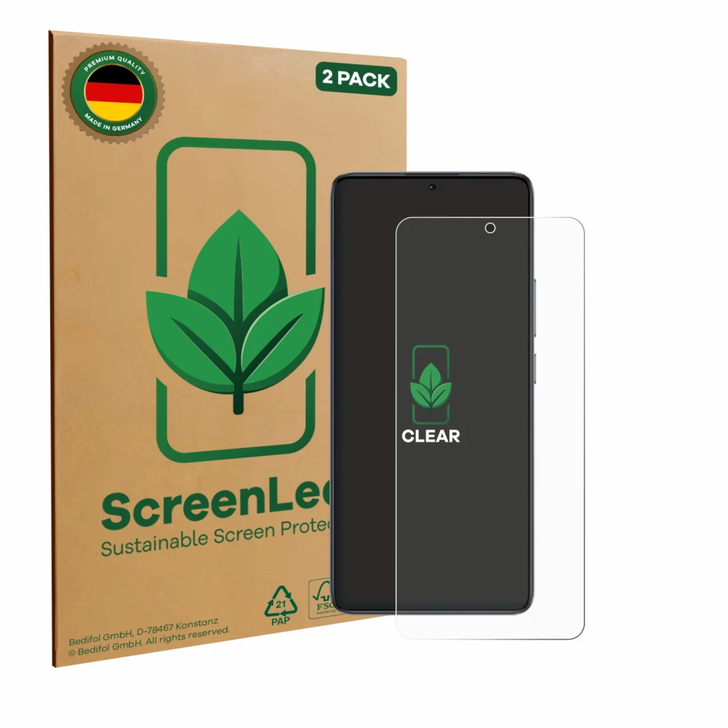 Vorderseite einer Produktverpackung mit dem Markenlogo ScreenLeaf. Daneben ist das Gerät Xiaomi Poco F7 Ultra mit dem zugehöri