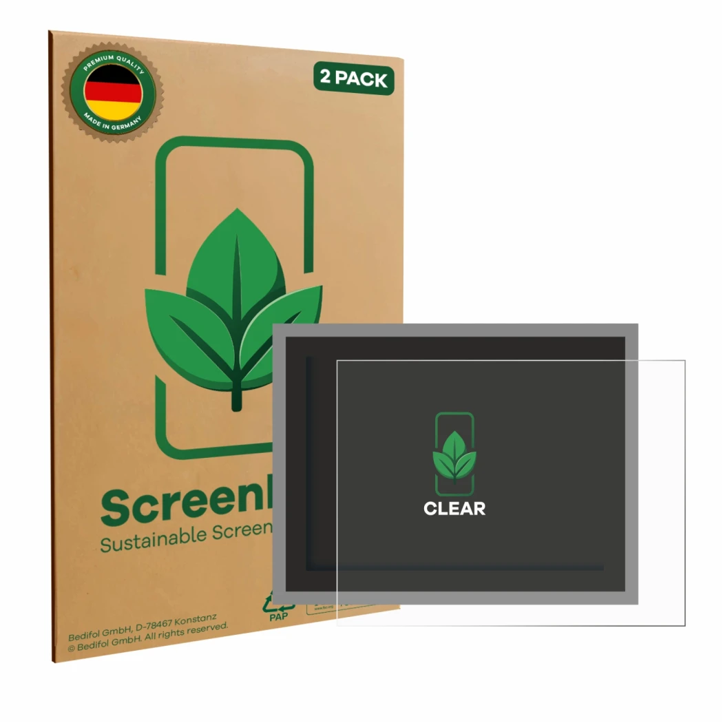 Vorderseite einer Produktverpackung mit dem Markenlogo ScreenLeaf. Daneben ist das Gerät Megger MFT-X1 mit dem zugehörigen Dis