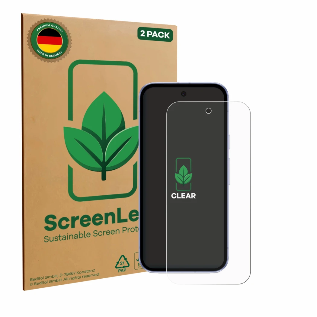 Vorderseite einer Produktverpackung mit dem Markenlogo ScreenLeaf. Daneben ist das Gerät Google Pixel 9a mit dem zugehörigen D