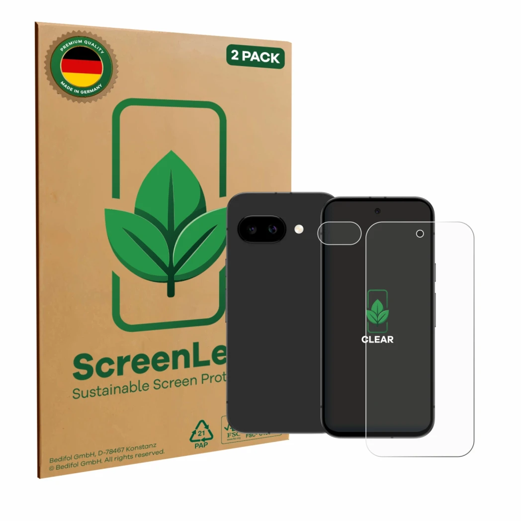 Vorderseite einer Produktverpackung mit dem Markenlogo ScreenLeaf. Daneben ist das Gerät Google Pixel 9a (Display+Kamera) mit 