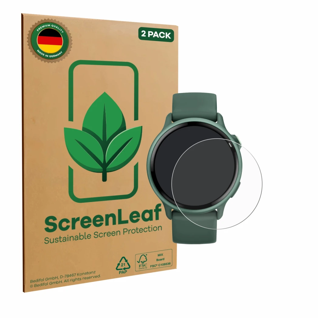 Vorderseite einer Produktverpackung mit dem Markenlogo ScreenLeaf. Daneben ist das Gerät Garmin vivoactive 6 mit dem zugehörig