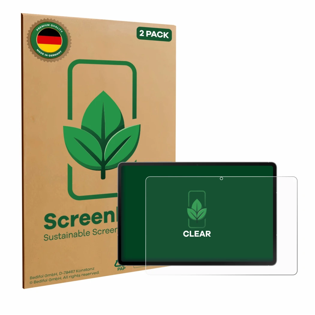 Vorderseite einer Produktverpackung mit dem Markenlogo ScreenLeaf. Daneben ist das Gerät Samsung Galaxy Tab S10 FE 5G mit dem 