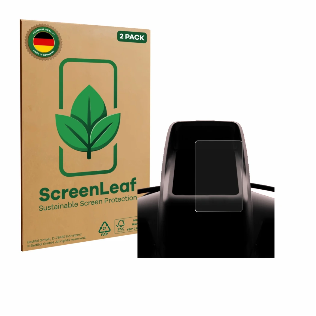 Vorderseite einer Produktverpackung mit dem Markenlogo ScreenLeaf. Daneben ist das Gerät Segway GT3 D mit dem zugehörigen Disp