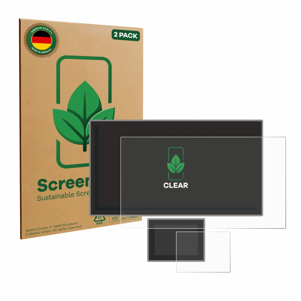Vorderseite einer Produktverpackung mit dem Markenlogo ScreenLeaf. Daneben ist das Gerät Icom IC-7760 mit dem zugehörigen Disp