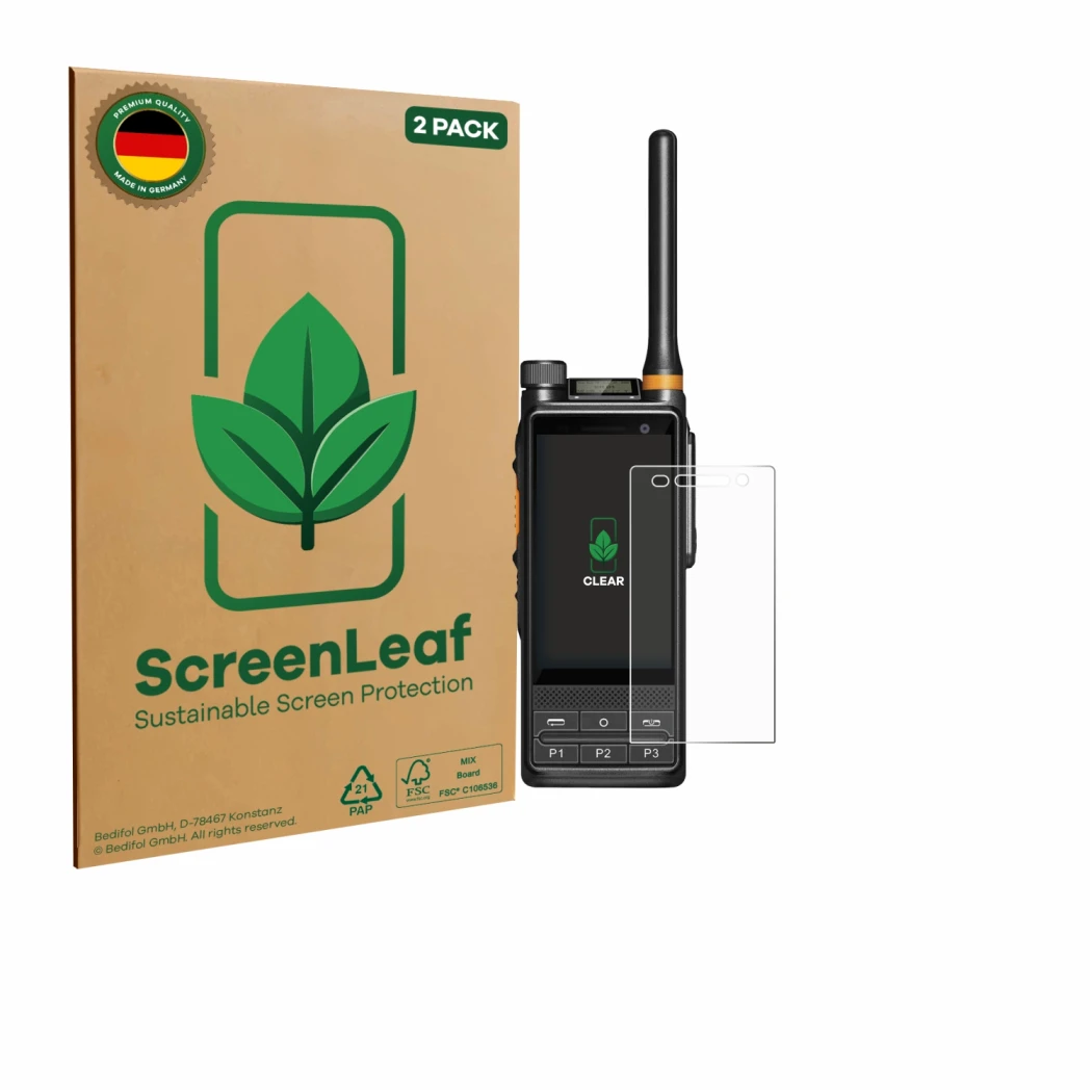 Vorderseite einer Produktverpackung mit dem Markenlogo ScreenLeaf. Daneben ist das Gerät Hytera PDC680 mit dem zugehörigen Dis