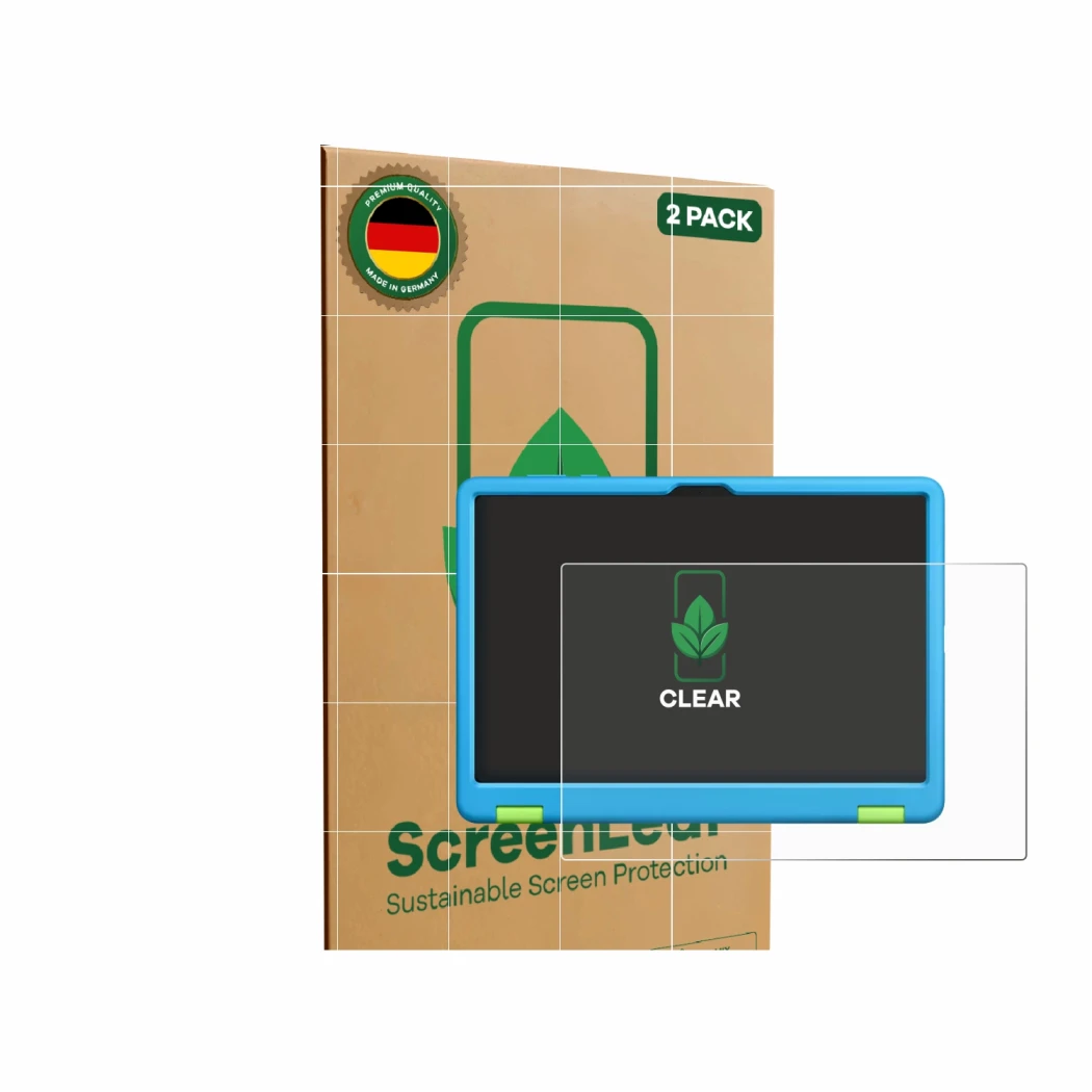 Vorderseite einer Produktverpackung mit dem Markenlogo ScreenLeaf. Daneben ist das Gerät Honor Pad X8a Kids Edition mit dem zu
