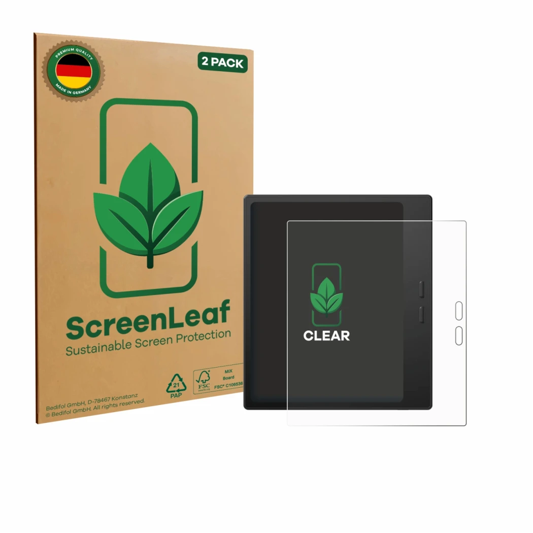 Vorderseite einer Produktverpackung mit dem Markenlogo ScreenLeaf. Daneben ist das Gerät Boox Go 7 mit dem zugehörigen Display
