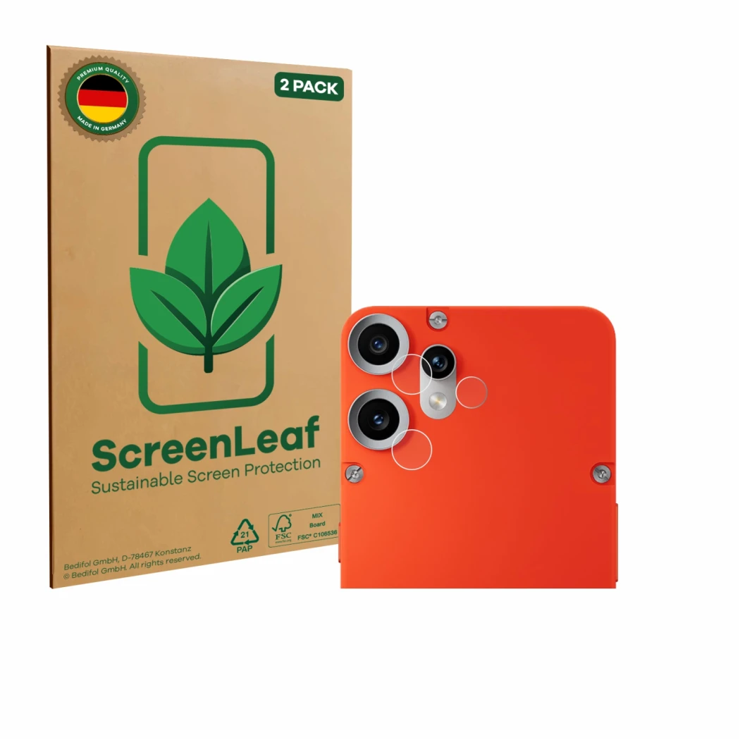 Vorderseite einer Produktverpackung mit dem Markenlogo ScreenLeaf. Daneben ist das Gerät Nothing CMF Phone 2 Pro (NUR Kamerasc