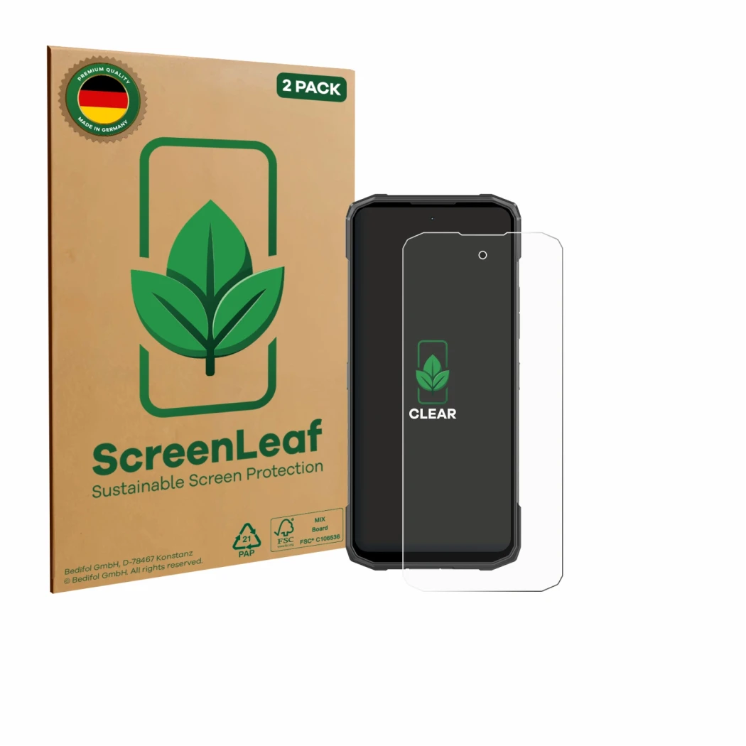 Vorderseite einer Produktverpackung mit dem Markenlogo ScreenLeaf. Daneben ist das Gerät Doogee Blade 20 Turbo mit dem zugehör