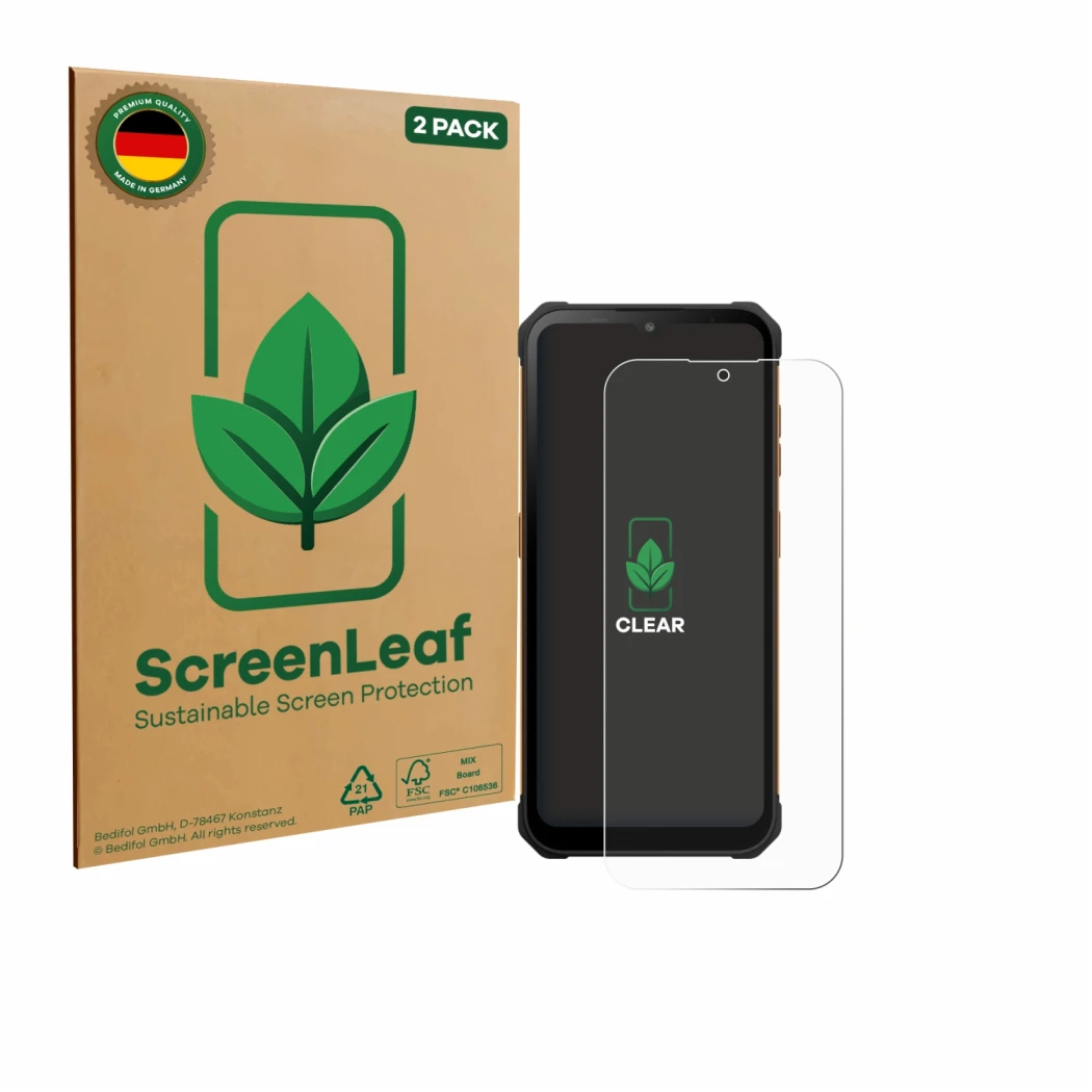 Vorderseite einer Produktverpackung mit dem Markenlogo ScreenLeaf. Daneben ist das Gerät Hammer Iron Va mit dem zugehörigen Di