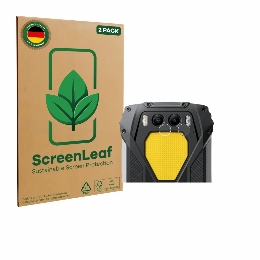 Vorderseite einer Produktverpackung mit dem Markenlogo ScreenLeaf. Daneben ist das Gerät Blackview BV7300 (NUR Kameraschutz) m