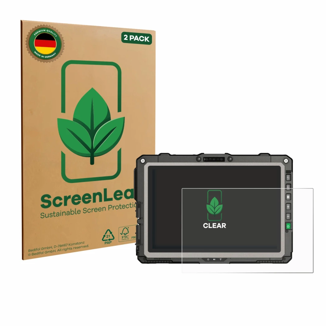 Vorderseite einer Produktverpackung mit dem Markenlogo ScreenLeaf. Daneben ist das Gerät Getac UX10 G3 mit dem zugehörigen Dis