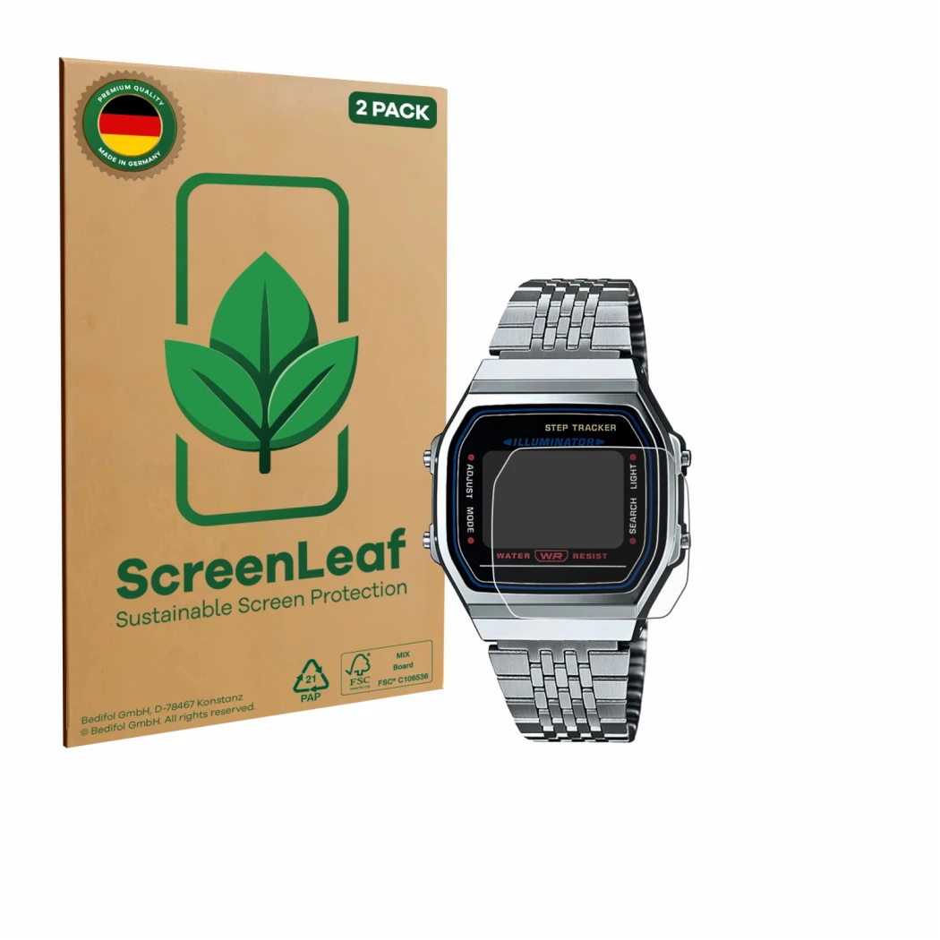 Vorderseite einer Produktverpackung mit dem Markenlogo ScreenLeaf. Daneben ist das Gerät Casio iconic ABL-100WE-1A mit dem zug