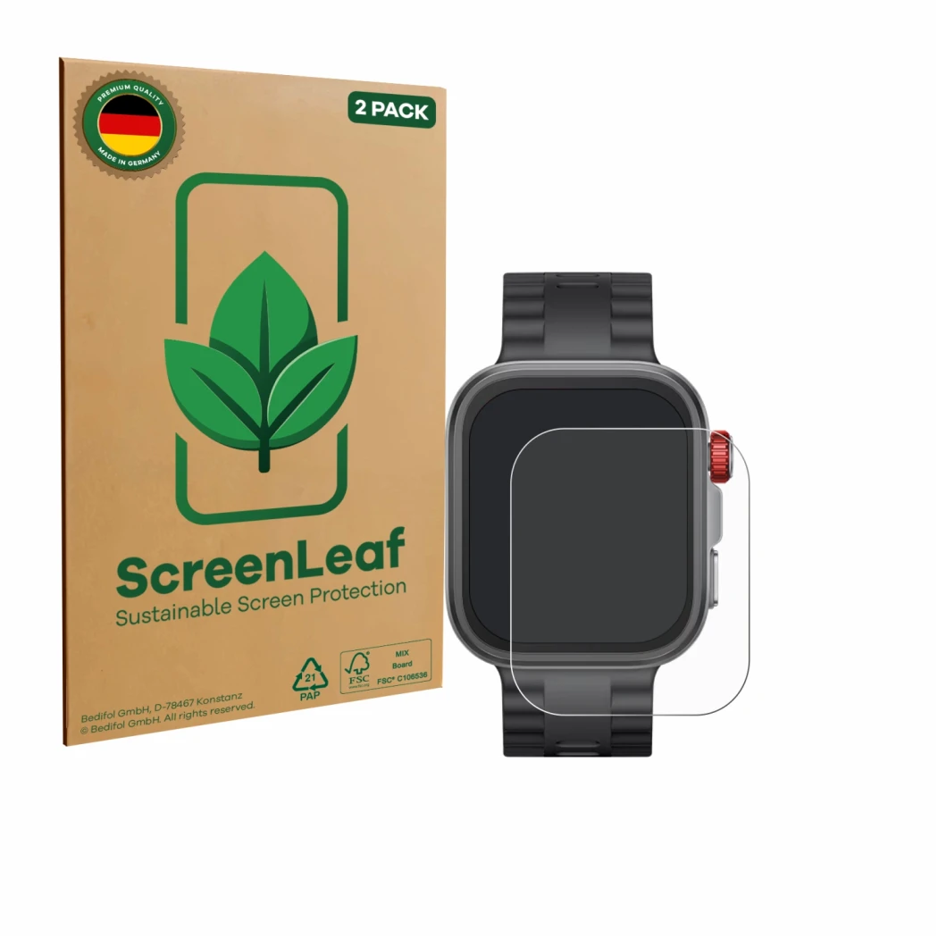 Vorderseite einer Produktverpackung mit dem Markenlogo ScreenLeaf. Daneben ist das Gerät Huawei Watch Fit 4 Pro mit dem zugehö