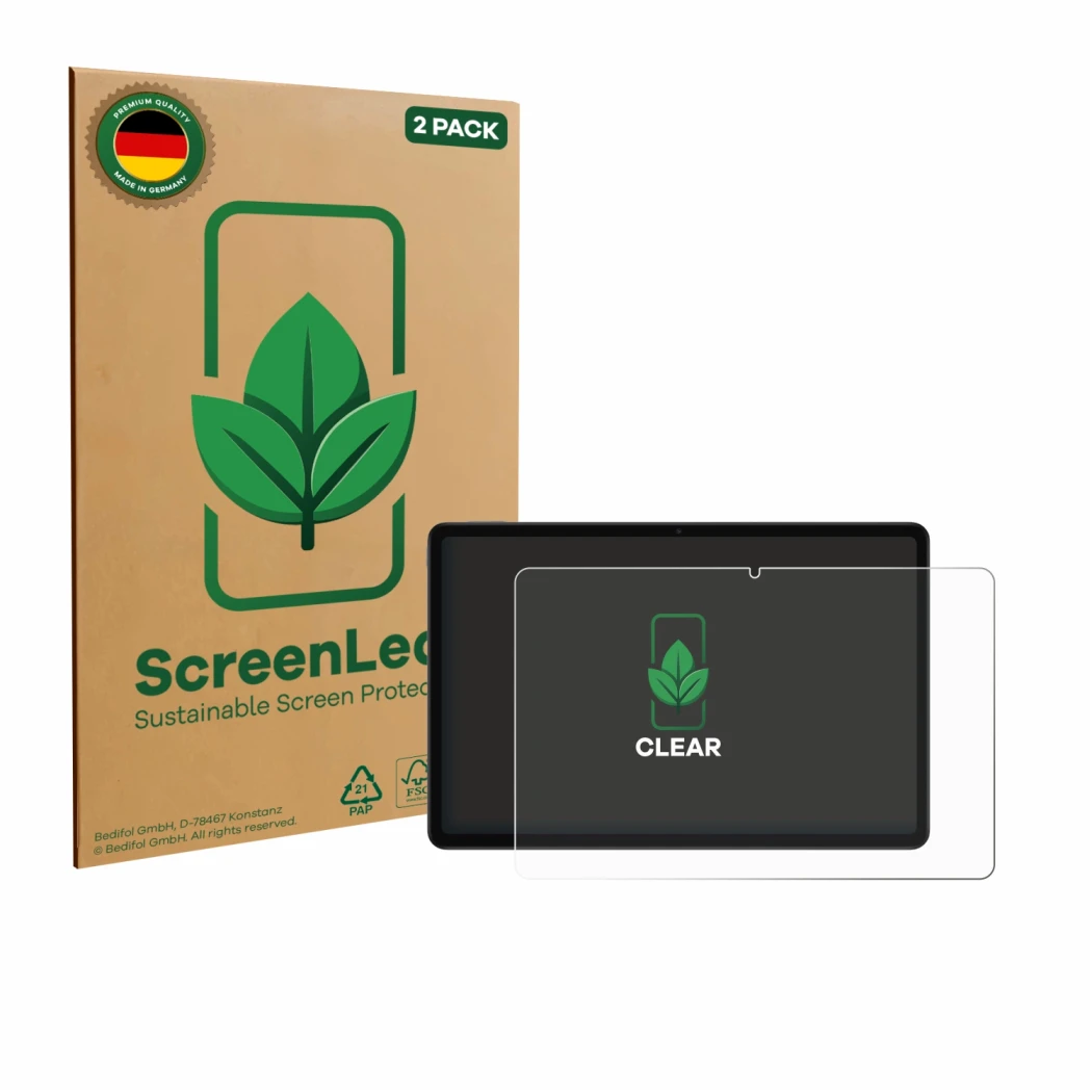 Vorderseite einer Produktverpackung mit dem Markenlogo ScreenLeaf. Daneben ist das Gerät Xiaomi Redmi Pad 2 mit dem zugehörige