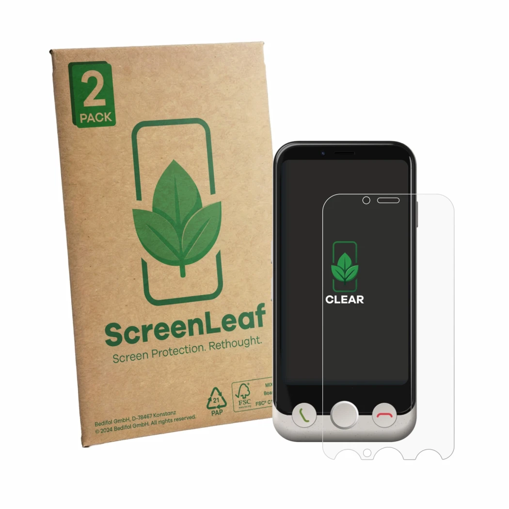 Vorderseite einer Produktverpackung mit dem Markenlogo ScreenLeaf. Daneben ist das Gerät Doro Aurora A10 mit dem zugehörigen D