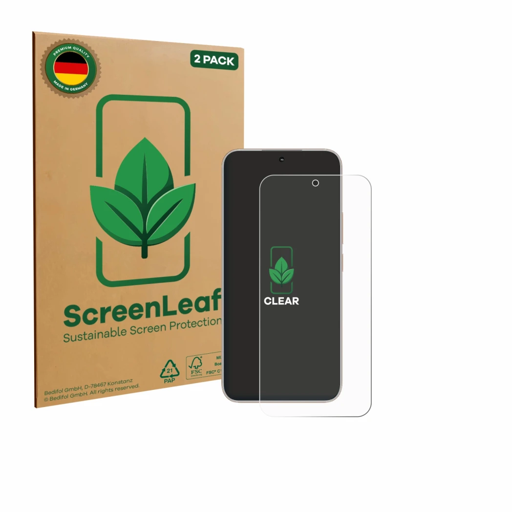 Vorderseite einer Produktverpackung mit dem Markenlogo ScreenLeaf. Daneben ist das Gerät Honor 400 mit dem zugehörigen Display