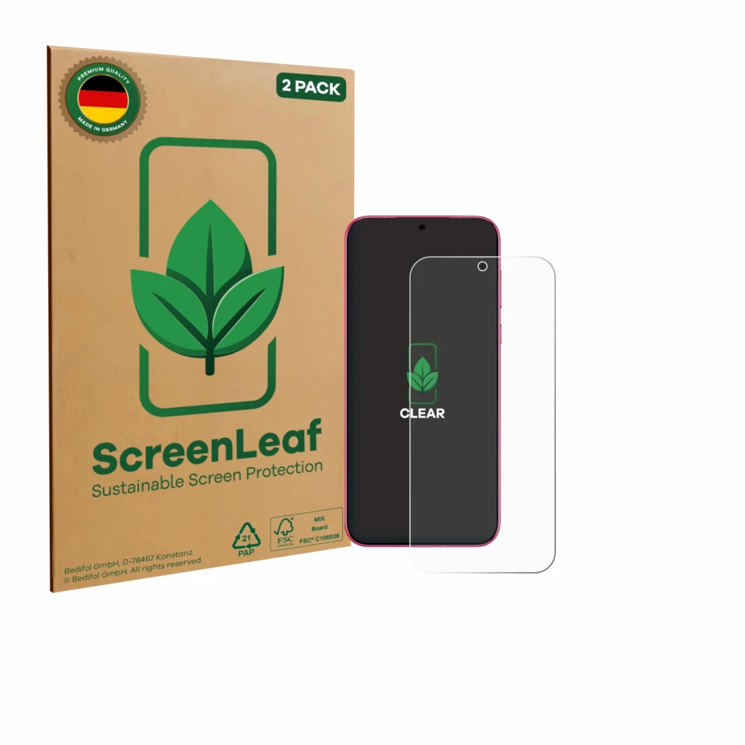 Vorderseite einer Produktverpackung mit dem Markenlogo ScreenLeaf. Daneben ist das Gerät Huawei Pura 80 mit dem zugehörigen Di