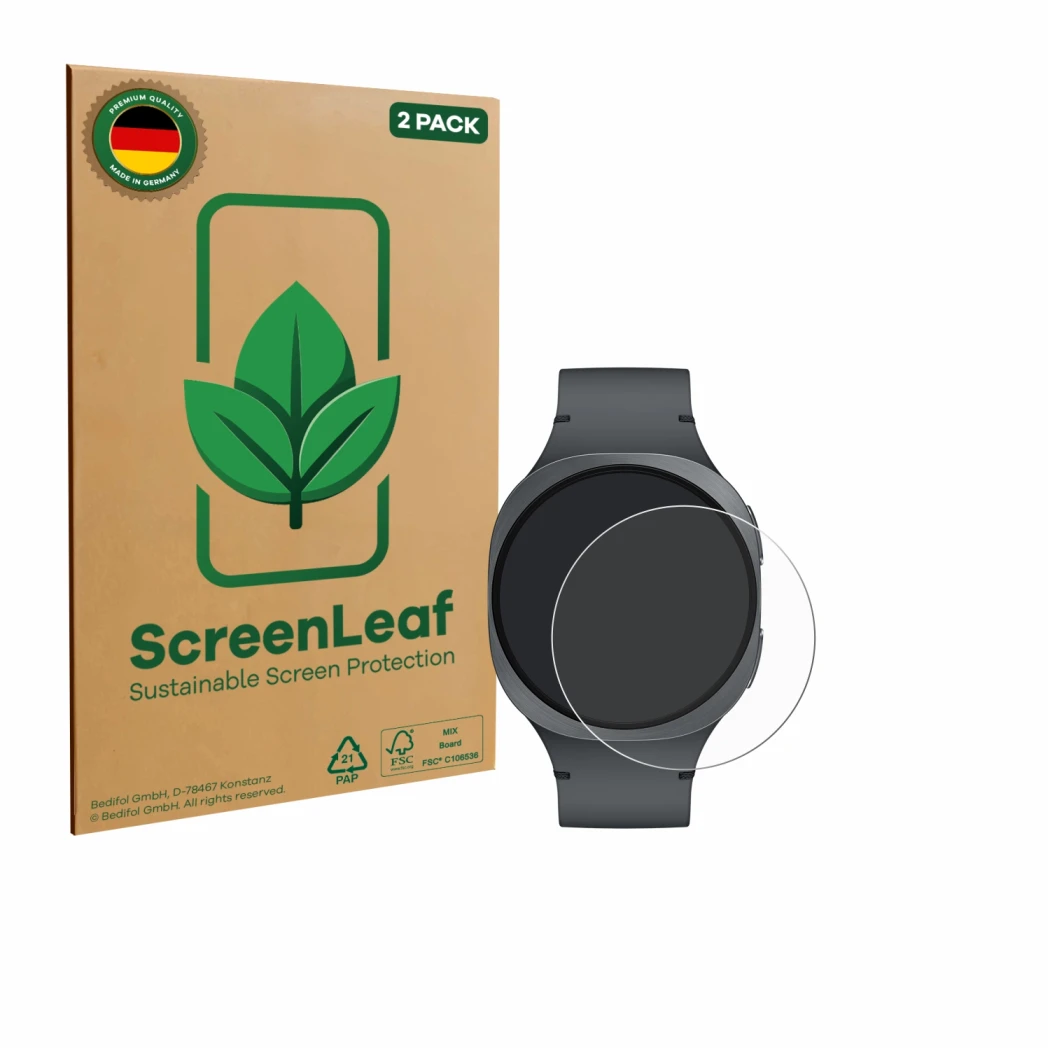 Vorderseite einer Produktverpackung mit dem Markenlogo ScreenLeaf. Daneben ist das Gerät Samsung Galaxy Watch 8 (40 mm) mit de