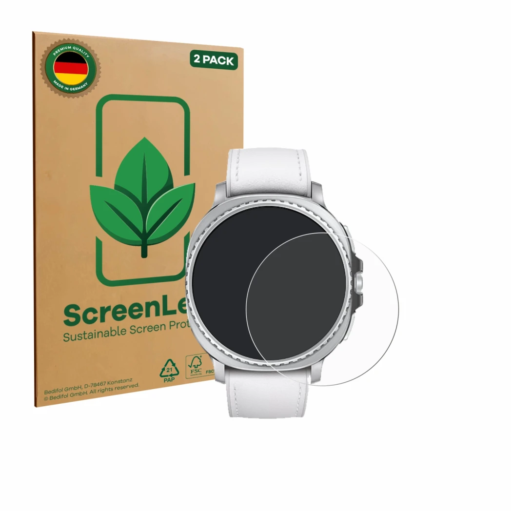 Vorderseite einer Produktverpackung mit dem Markenlogo ScreenLeaf. Daneben ist das Gerät Samsung Galaxy Watch 8 Classic (46 mm