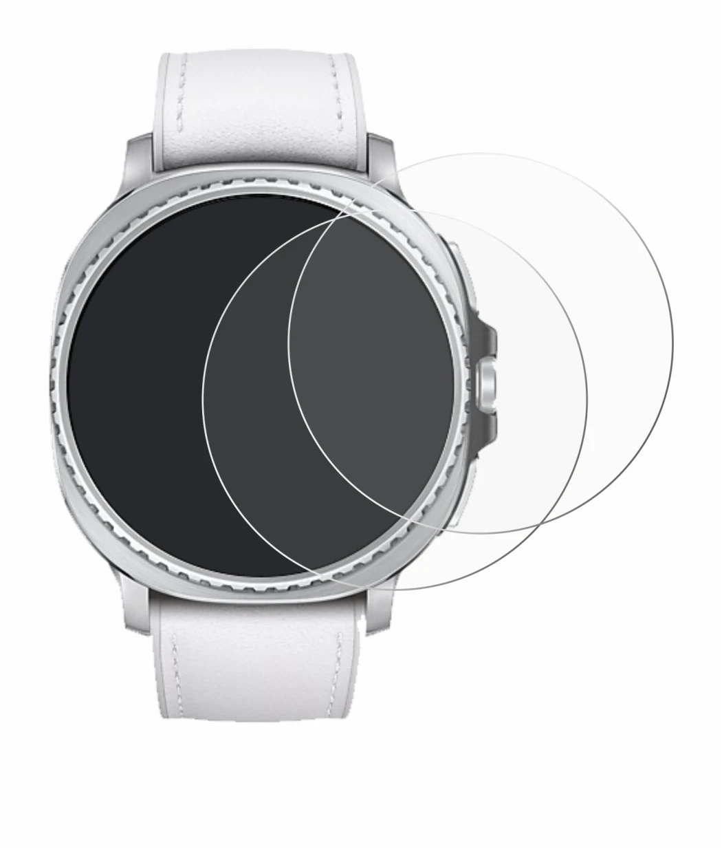 Abbildung des Geräts Samsung Galaxy Watch 8 Classic (46 mm) mit einer Vielzahl des Displayschutzes.