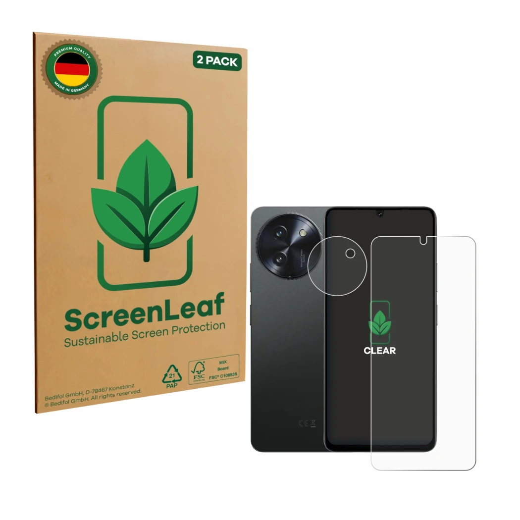 Vorderseite einer Produktverpackung mit dem Markenlogo ScreenLeaf. Daneben ist das Gerät Doogee Note 59 Pro Plus (Display+Kame
