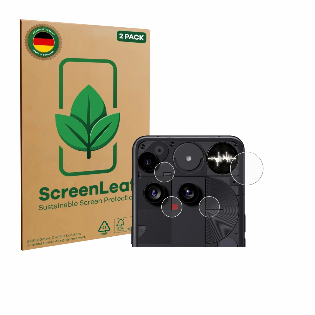 Vorderseite einer Produktverpackung mit dem Markenlogo ScreenLeaf. Daneben ist das Gerät Nothing Phone (3) (NUR Kameraschutz) 