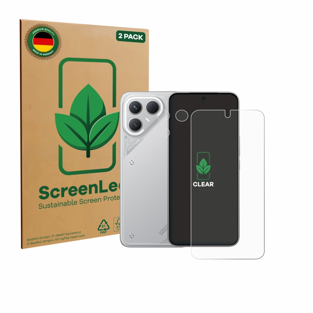 Vorderseite einer Produktverpackung mit dem Markenlogo ScreenLeaf. Daneben ist das Gerät Tecno Pova 7 Pro (Display+Kamera) mit