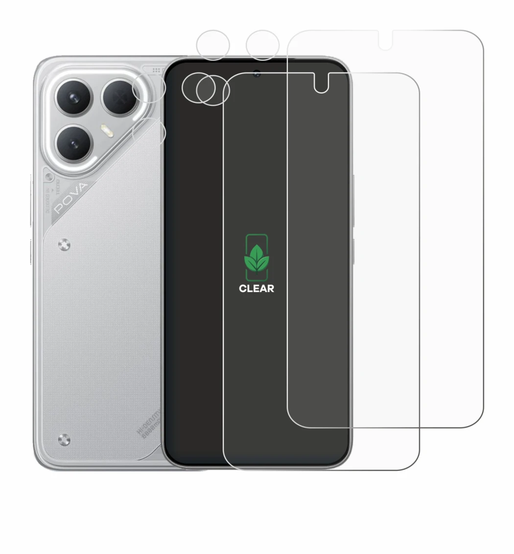 Abbildung des Geräts Tecno Pova 7 Pro (Display+Kamera) mit einer Vielzahl des Displayschutzes.