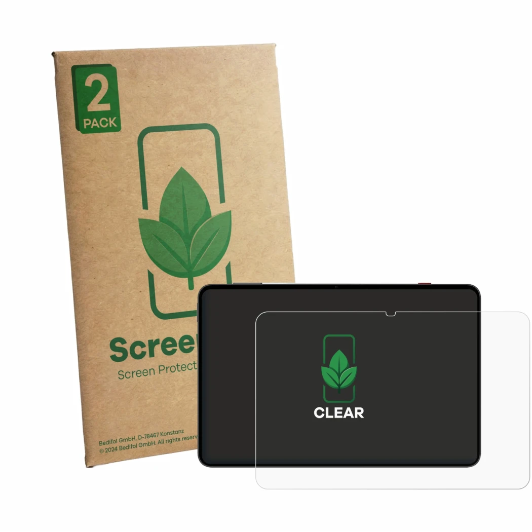 Vorderseite einer Produktverpackung mit dem Markenlogo ScreenLeaf. Daneben ist das Gerät Redmagic Astra NP05J mit dem zugehöri