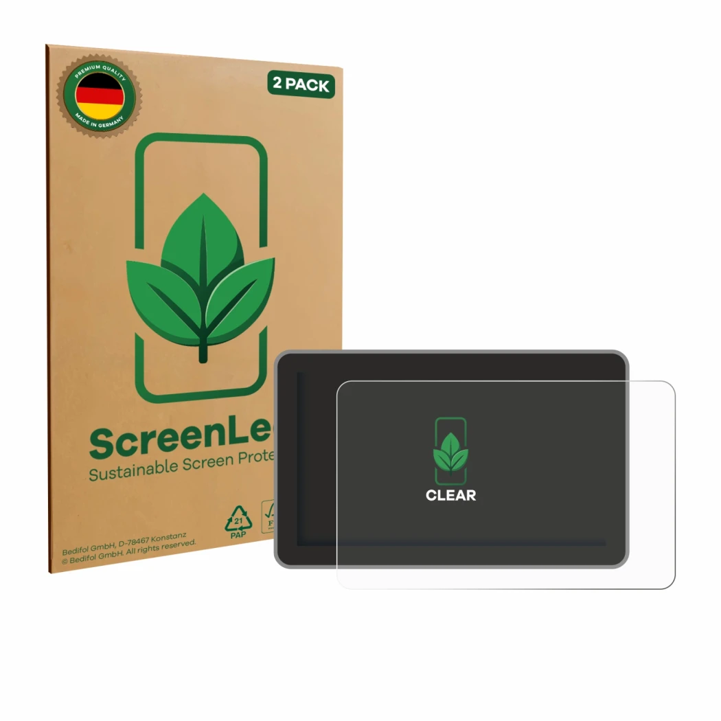 Vorderseite einer Produktverpackung mit dem Markenlogo ScreenLeaf. Daneben ist das Gerät Bambu Lab H2D mit dem zugehörigen Dis