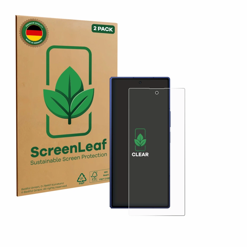 Vorderseite einer Produktverpackung mit dem Markenlogo ScreenLeaf. Daneben ist das Gerät Samsung Galaxy Z Fold 7 mit dem zugeh
