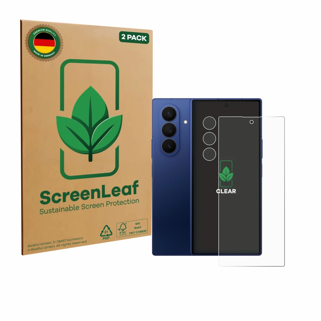 Vorderseite einer Produktverpackung mit dem Markenlogo ScreenLeaf. Daneben ist das Gerät Samsung Galaxy Z Fold 7 (Display+Kame