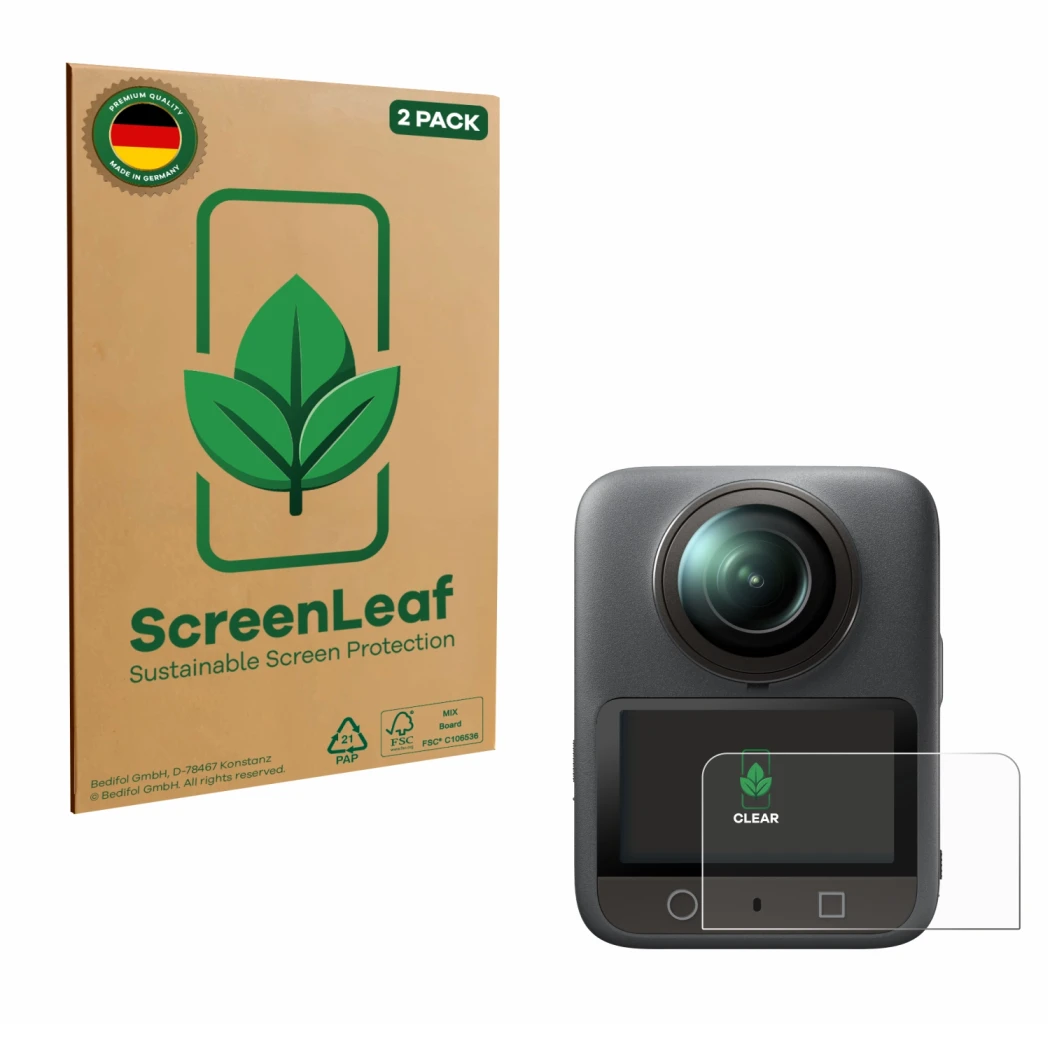 Vorderseite einer Produktverpackung mit dem Markenlogo ScreenLeaf. Daneben ist das Gerät DJI Osmo 360 mit dem zugehörigen Disp