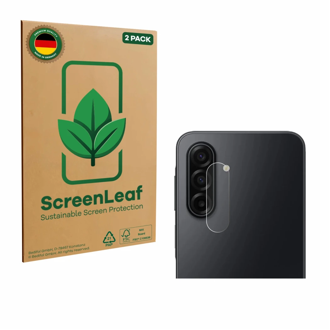 Vorderseite einer Produktverpackung mit dem Markenlogo ScreenLeaf. Daneben ist das Gerät Samsung Galaxy A17 5G (NUR Kameraschu
