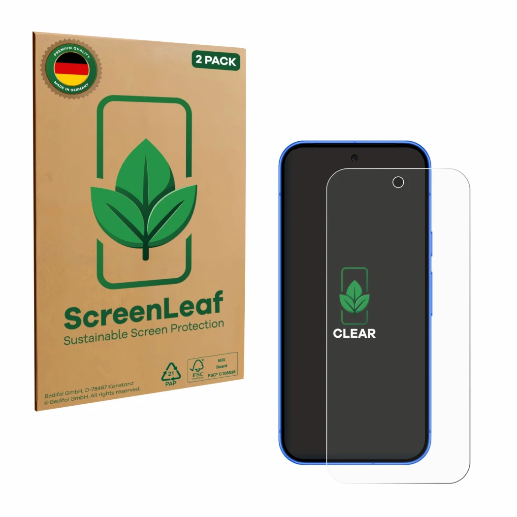 Vorderseite einer Produktverpackung mit dem Markenlogo ScreenLeaf. Daneben ist das Gerät Google Pixel 10 mit dem zugehörigen D