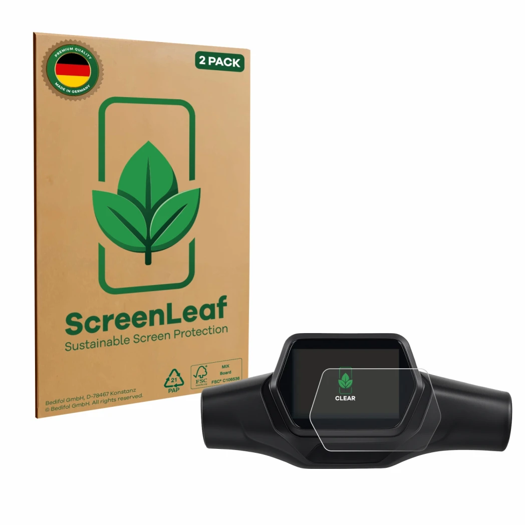 Vorderseite einer Produktverpackung mit dem Markenlogo ScreenLeaf. Daneben ist das Gerät Segway Ninebot ZT3 Pro D mit dem zuge