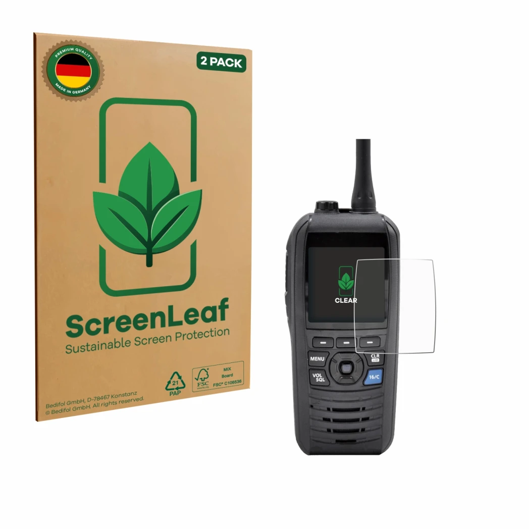 Vorderseite einer Produktverpackung mit dem Markenlogo ScreenLeaf. Daneben ist das Gerät Icom IC-M94D mit dem zugehörigen Disp