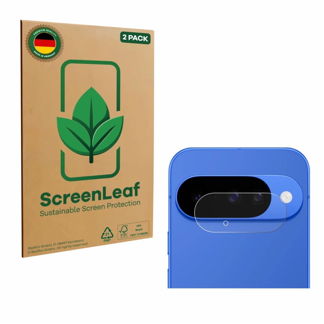 Vorderseite einer Produktverpackung mit dem Markenlogo ScreenLeaf. Daneben ist das Gerät Google Pixel 10 (NUR Kameraschutz) mi