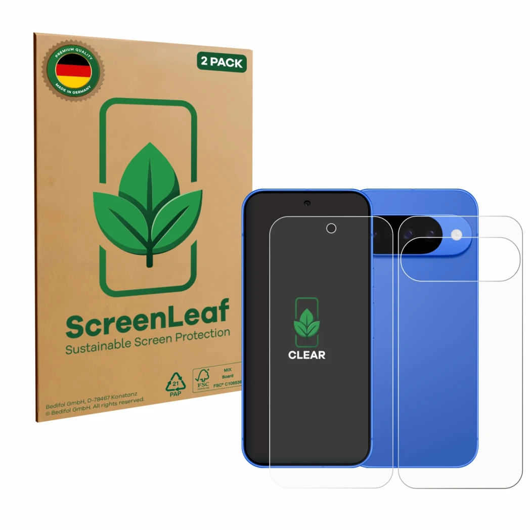 Vorderseite einer Produktverpackung mit dem Markenlogo ScreenLeaf. Daneben ist das Gerät Google Pixel 10 (Display+Rückseite) m