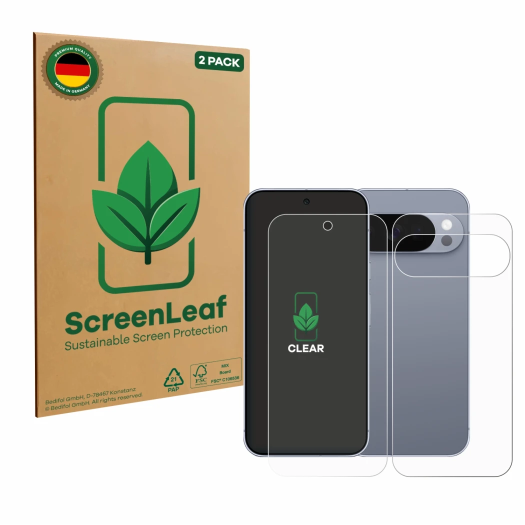 Vorderseite einer Produktverpackung mit dem Markenlogo ScreenLeaf. Daneben ist das Gerät Google Pixel 10 Pro (Display+Rückseit