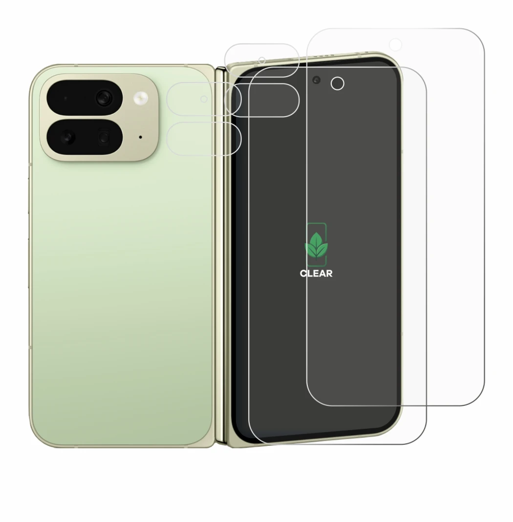 Abbildung des Geräts Google Pixel 10 Pro Fold (Display+Kamera) mit einer Vielzahl des Displayschutzes.