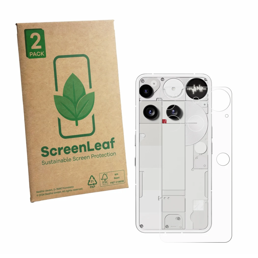 Vorderseite einer Produktverpackung mit dem Markenlogo ScreenLeaf. Daneben ist das Gerät Nothing Phone (3) (Rückseite) mit dem