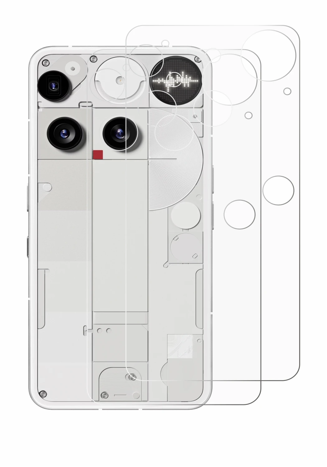 Abbildung des Geräts Nothing Phone (3) (Rückseite) mit einer Vielzahl des Displayschutzes.